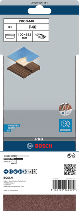 Bosch PRO X440 csiszolószalag, 100 x 552 mm, szemcseméret 40, 3 darabos csomag.