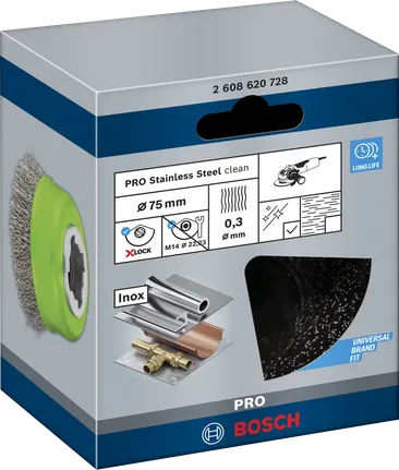 Bosch PRO rozsdamentes acél tisztító X-Lock csészekefe 75 mm.