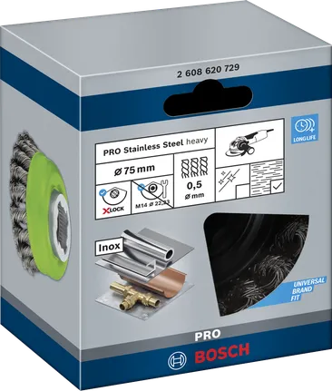 Bosch PRO X-Lock 75×0,5 mm-es rozsdamentes acél csészekefe.