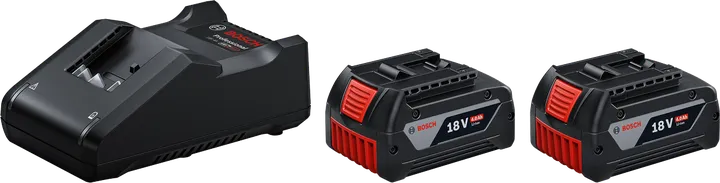 Bosch 18 V-os akkumulátoros indítókészlet töltővel és két 4 Ah-s akkumulátorral.