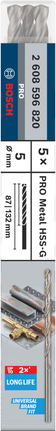 Bosch PRO Metal HSS-G csigafúró hosszú, 5 mm-es, 5 db-os kiszerelés.
