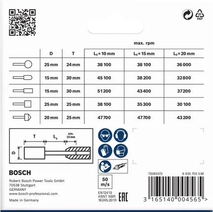 Bosch PRO acél csapágyazású készlet fordulatszám- és biztonsági információkkal.