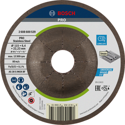 Bosch PRO rozsdamentes acél csiszolótárcsa 115 x 6 x 22,23 mm.
