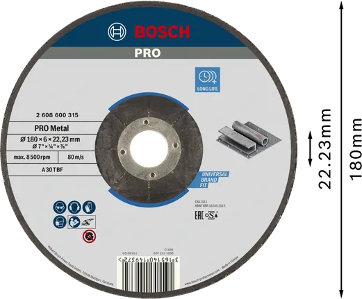 Bosch PRO fémkötésű csiszolótárcsa 180 x 6 mm.