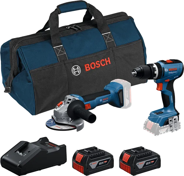 Bosch GSB 18V-65 és GWS 18V-8 szerszámkészlet akkumulátorokkal.