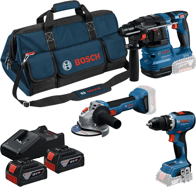 Bosch 18 V-os 3-as szerszámkészlet táskával, töltővel és akkumulátorokkal.