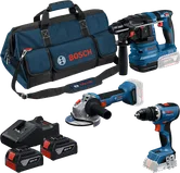Bosch 18 V-os 3-as szerszámkészlet táskával, töltővel és akkumulátorokkal.