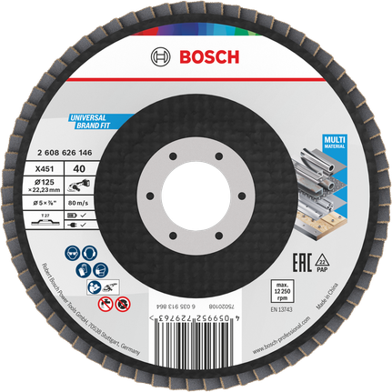 Bosch X451 legyezőlapos csiszolótárcsa 125 mm G40 többféle anyag csiszolásához.