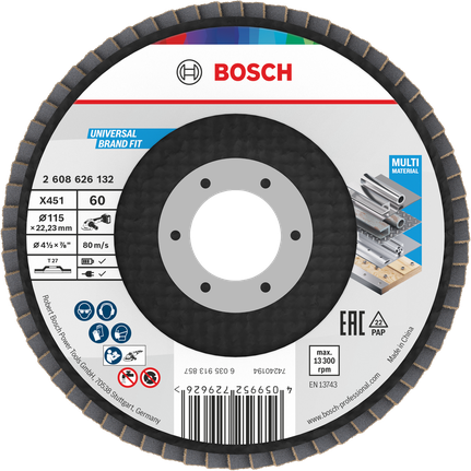 Bosch X451 legyezőlapos csiszolótárcsa 115 mm G60 többféle anyaghoz.