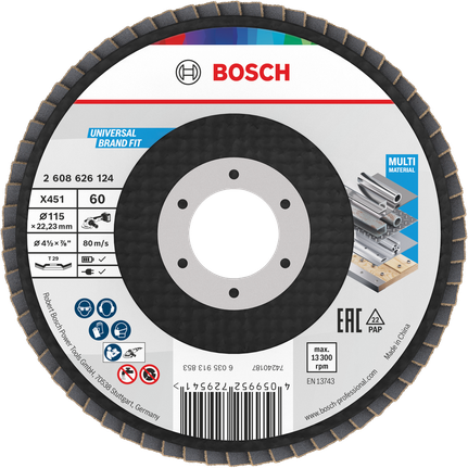 Bosch X451 lamellás csiszolótárcsa 115 mm G60 többféle anyag csiszolásához.