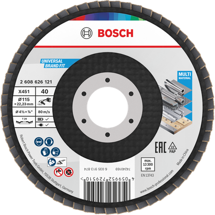 Bosch X451 legyezőlapos csiszolótárcsa 115 mm G40 többféle anyaghoz.