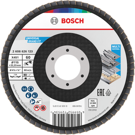 Bosch X451 legyezőlapos csiszolótárcsa, 115 mm, 60-as szemcseméretű, többféle anyaghoz.