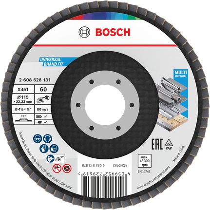 Bosch X451 legyezőlapos csiszolótárcsa 115 mm G60 többféle anyaghoz.