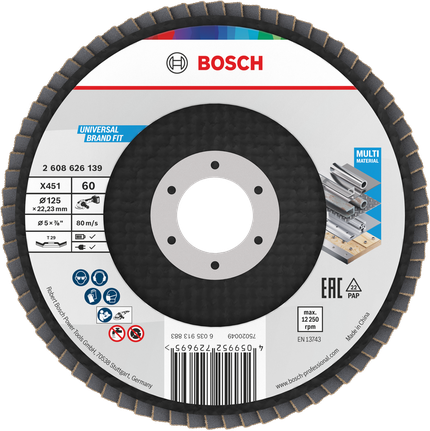 Bosch X451 legyezőlapos csiszolótárcsa 125 mm G60 többféle anyag csiszolásához.