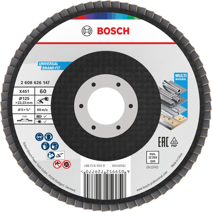 Bosch X451 lamellás csiszolótárcsa 125 mm G60 többféle anyag csiszolásához.