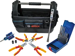 Bosch villanyszerelő készlet fúrófejekkel, fogóval és szerszámtáskával.