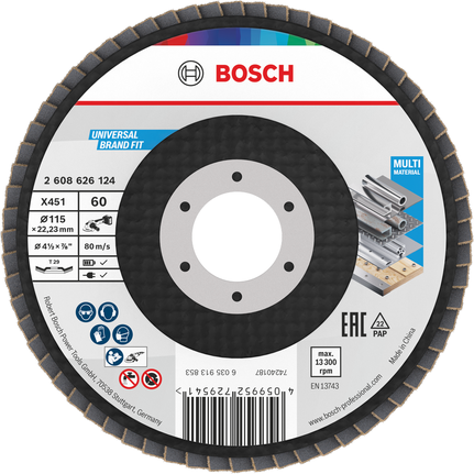 Bosch X451 legyezőlapos csiszolótárcsa 115 mm G60 többféle anyaghoz.