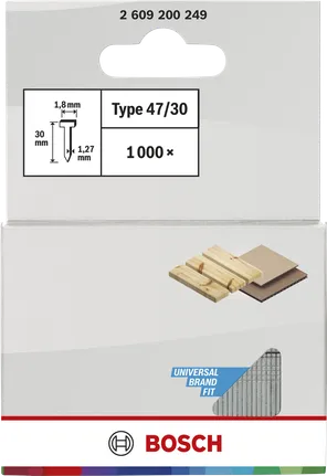 Bosch 47/30 típusú szegek 1000 darabos kiszerelésben famegmunkáláshoz.