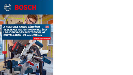 Egy Bosch Professional kompakt akkus gérvágó látható egy fán, munkás használja.