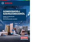 Bosch Expert szerszámos könyv, háttérben szerszámok és anyagok.