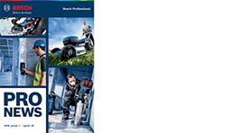 A Bosch márka arculatával ellátott prospektus, amely különböző szerszámokat és munkafolyamatokat mutat be. Az első oldalon egy fúróval dolgozó férfi, mögötte szerszámokkal teli munkahely látható, míg a második oldalon egy fűnyíró és egy másik munkás látható, akik a szabadban dolgoznak. A színek élénkek, a háttér természetes zöldellő táj.