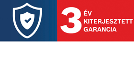 Kék pajzs, benne pipa, 3 év garancia felirattal piros háttér előtt.