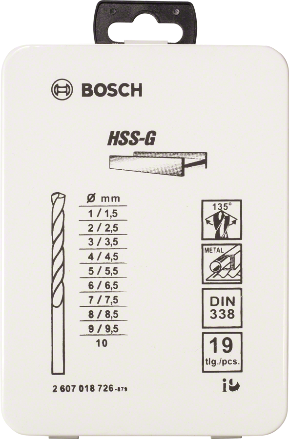 סט מקדחי מתכת HSS-G של Bosch בן 19 חלקים במארז מתכת.