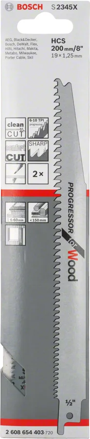 להב מסור גומלין לעץ Bosch S2345X לחיתוכים נקיים.