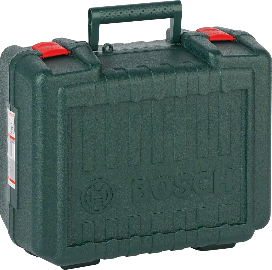 ארגז כלים מפלסטיק של Bosch עם בריחים וידית אדומים.