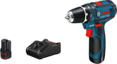 מקדחה אלחוטית Bosch GSR 12V-15 עם סוללה ומטען.
