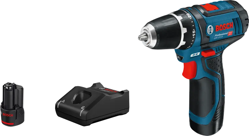מקדחה אלחוטית Bosch GSR 12V-15 עם סוללה ומטען.
