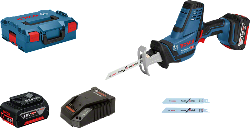 סט מסור גומלין אלחוטי של Bosch עם סוללה ומטען.