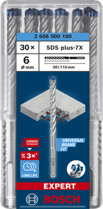 מקדחי פטיש Bosch SDS plus-7X 6 מ"מ - חבילה של 30.