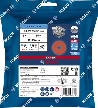 דיסק סיבים Bosch EXPERT R782 Prisma X-LOCK 125 מ"מ 80 גריט חבילה של 5.