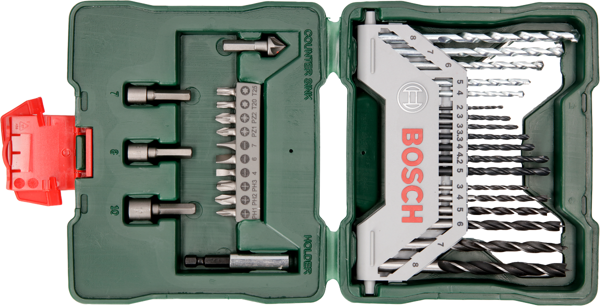 סט מקדחה ומברג של Bosch במארז פלסטיק.