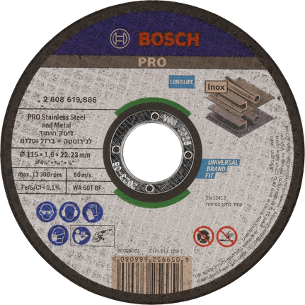 דיסק חיתוך Bosch PRO מפלדת אל-חלד ומתכת, 115 מ"מ.