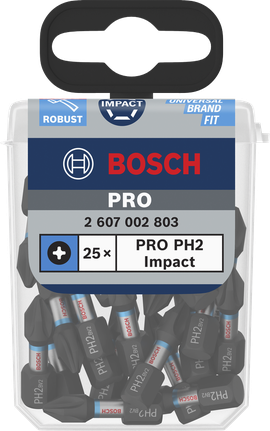 ביטים אימפקטיים של Bosch PRO PH2 באריזה של 25 יחידות.