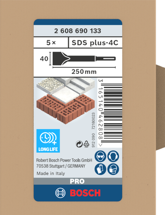 אזמל חפירה Bosch SDS plus-4C 40×250 מ"מ 5 יחידות.