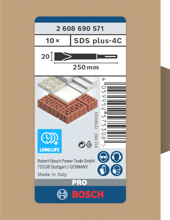 סט אזמלים שטוחים של Bosch SDS plus-4C 20×250 מ"מ.