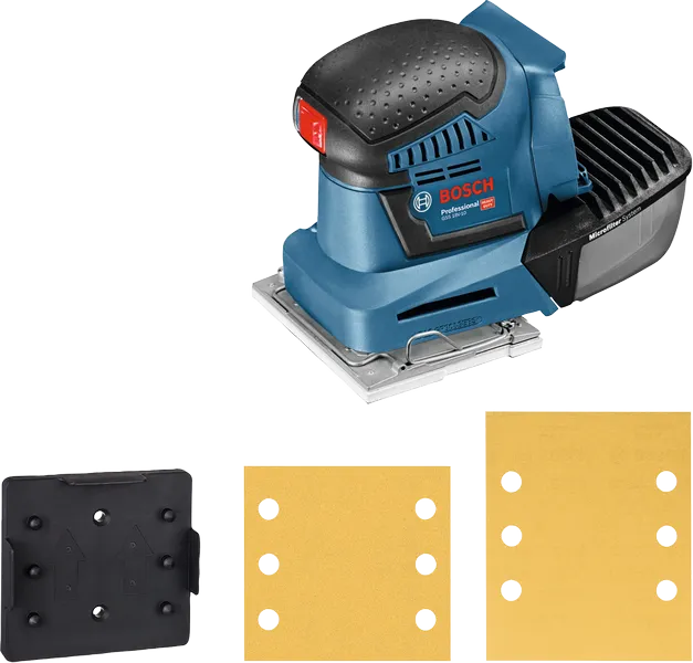 מלטשת מסלולית אלחוטית Bosch GSS 18V-10 עם דפי שיוף.