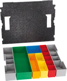 סט ארגונית Bosch L-BOXX עם תוספות בצבעים שונים.