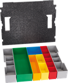 סט ארגונית Bosch L-BOXX עם תוספות בצבעים שונים.