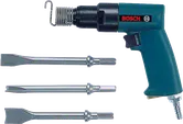 Bosch pneumatic chisel hammer with three chisel attachments.
