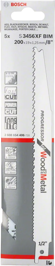 Bosch S3456XF BIM wood and metal reciprocating saw blade.