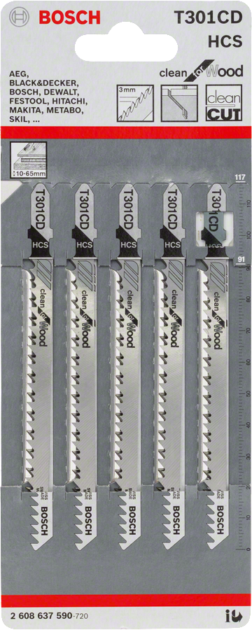 Bosch jigsaw blades T 301 CD for clean wood cutting.