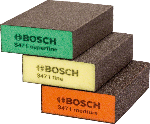 Bosch S471 abrasive sanding sponges in superfine, fine, medium.