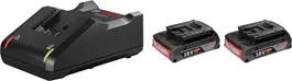 Bosch starter set with GAL 18V-40 charger and 2x 18V 2.0Ah batteries.
