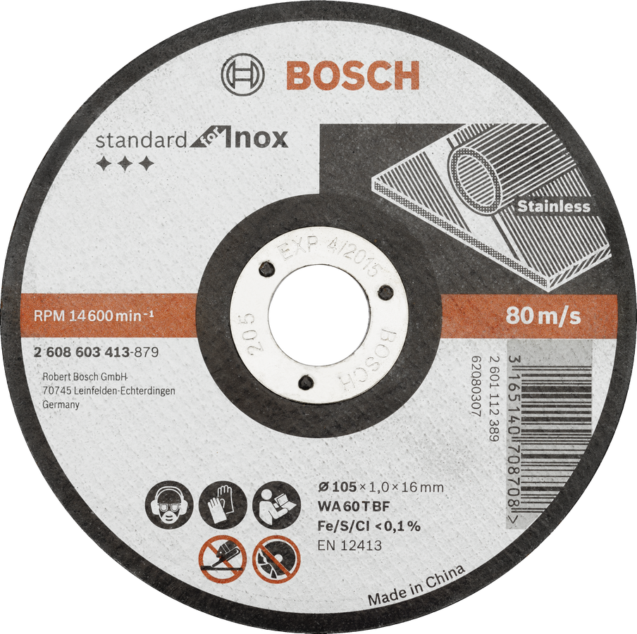Bosch straight cutting disc Inox WA 60 T BF, 105 mm diameter.