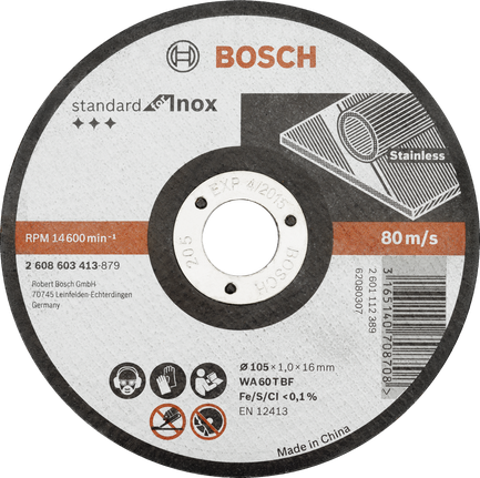 Bosch straight cutting disc Inox WA 60 T BF, 105 mm diameter.