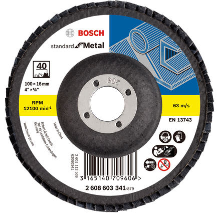 Bosch flap disc 100 mm grit 40 for metal grinding.